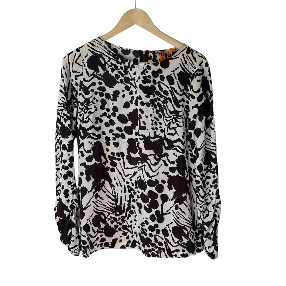 Tory Burch 100% Silk Brown/Cream Print Back Zip Blouse Sz 6